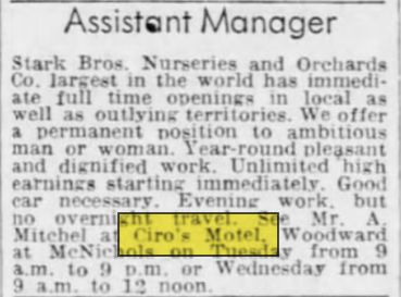Ciros Motel - May 1959 Assistant Manager Needed